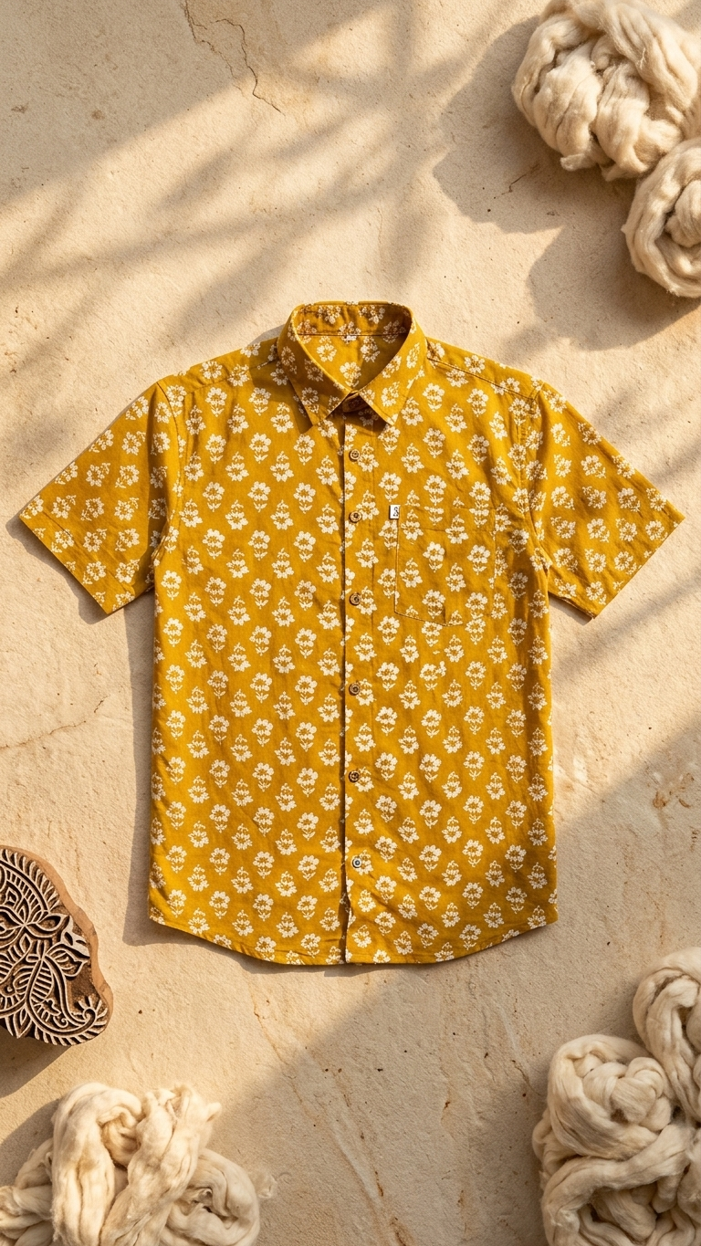 Mustard White Floral Printed Men's Half Sleeves Cotton Shirt