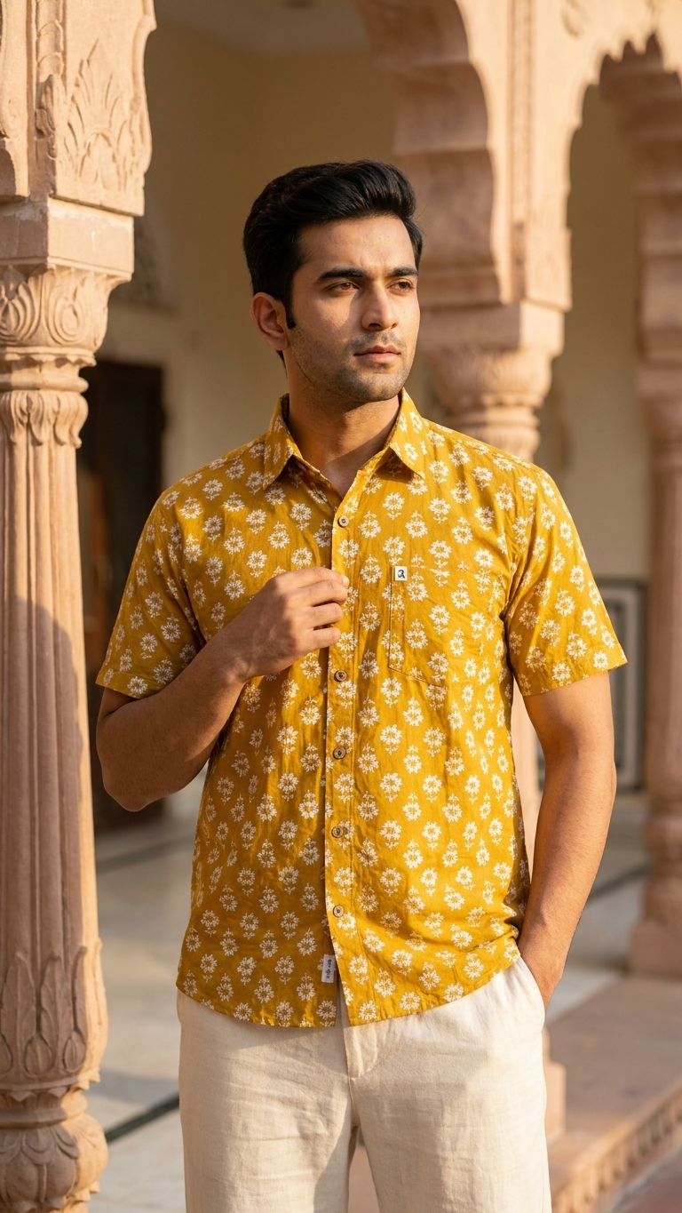Mustard White Floral Printed Men's Half Sleeves Cotton Shirt