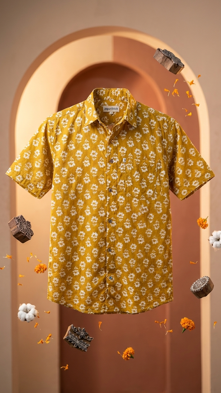 Mustard White Floral Printed Men's Half Sleeves Cotton Shirt
