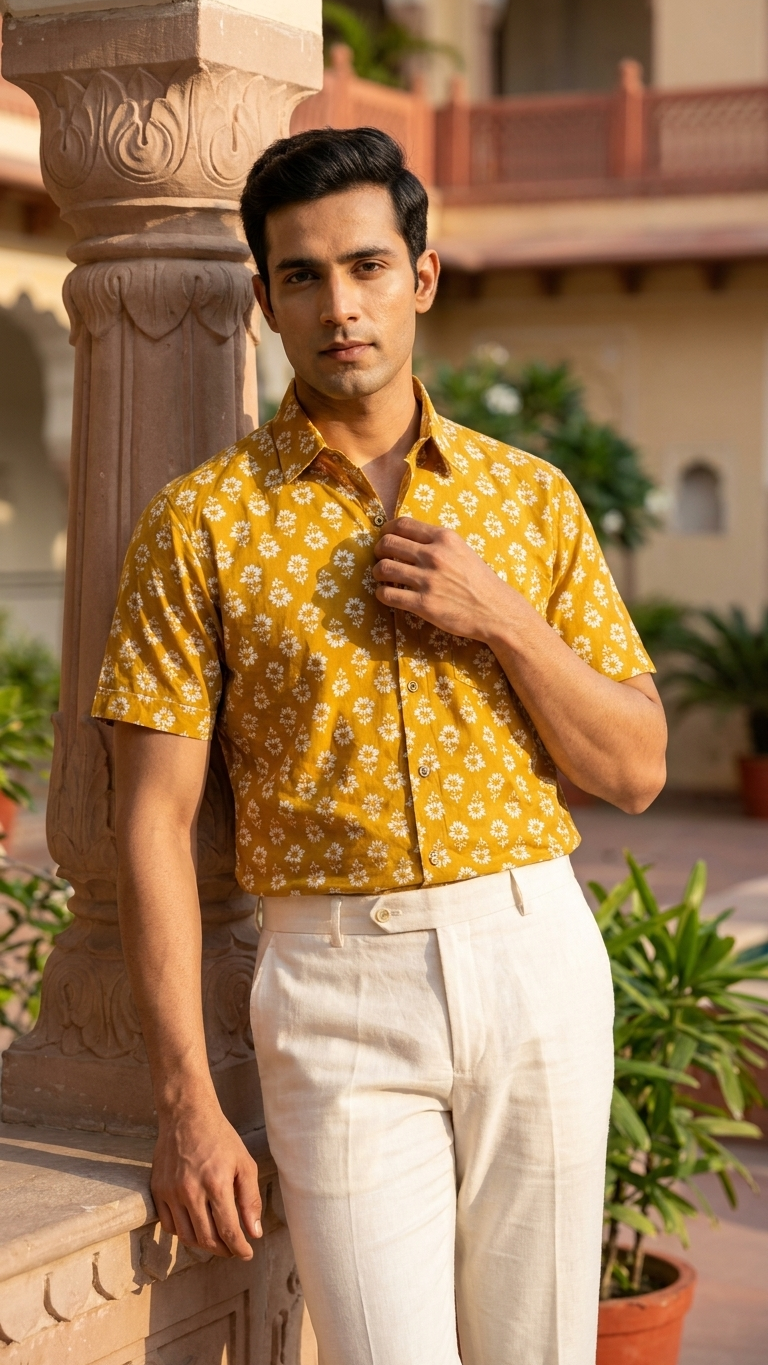 Mustard White Floral Printed Men's Half Sleeves Cotton Shirt