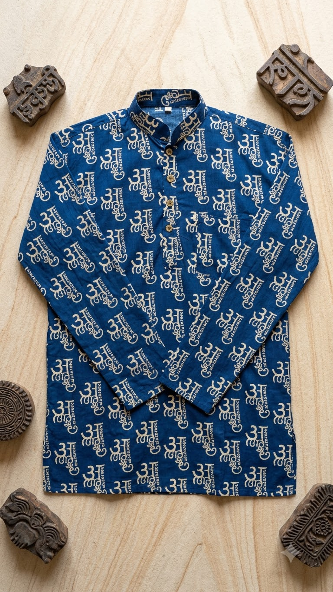Navy Blue Devanagari Print Men’s Full Sleeve Short Kurta