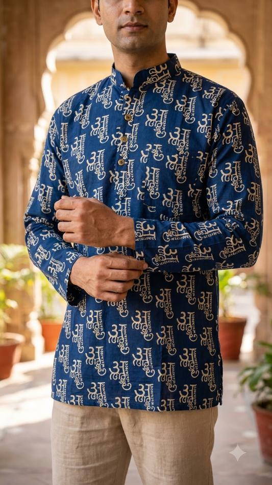 Navy Blue Devanagari Print Men’s Full Sleeve Short Kurta