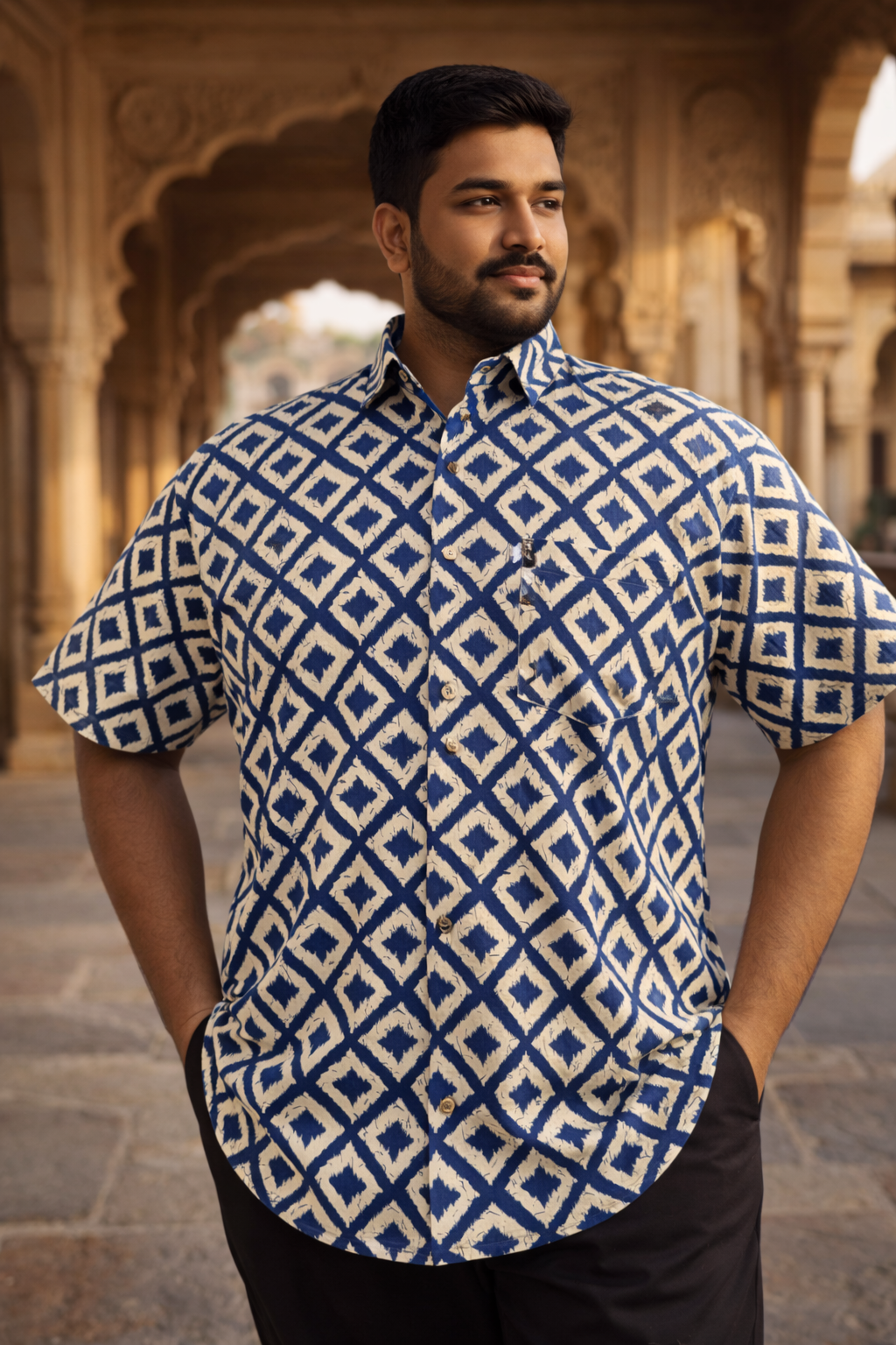 Navy Blue Beige Barfi Printed Plus Size Half Sleeves Cotton Shirt