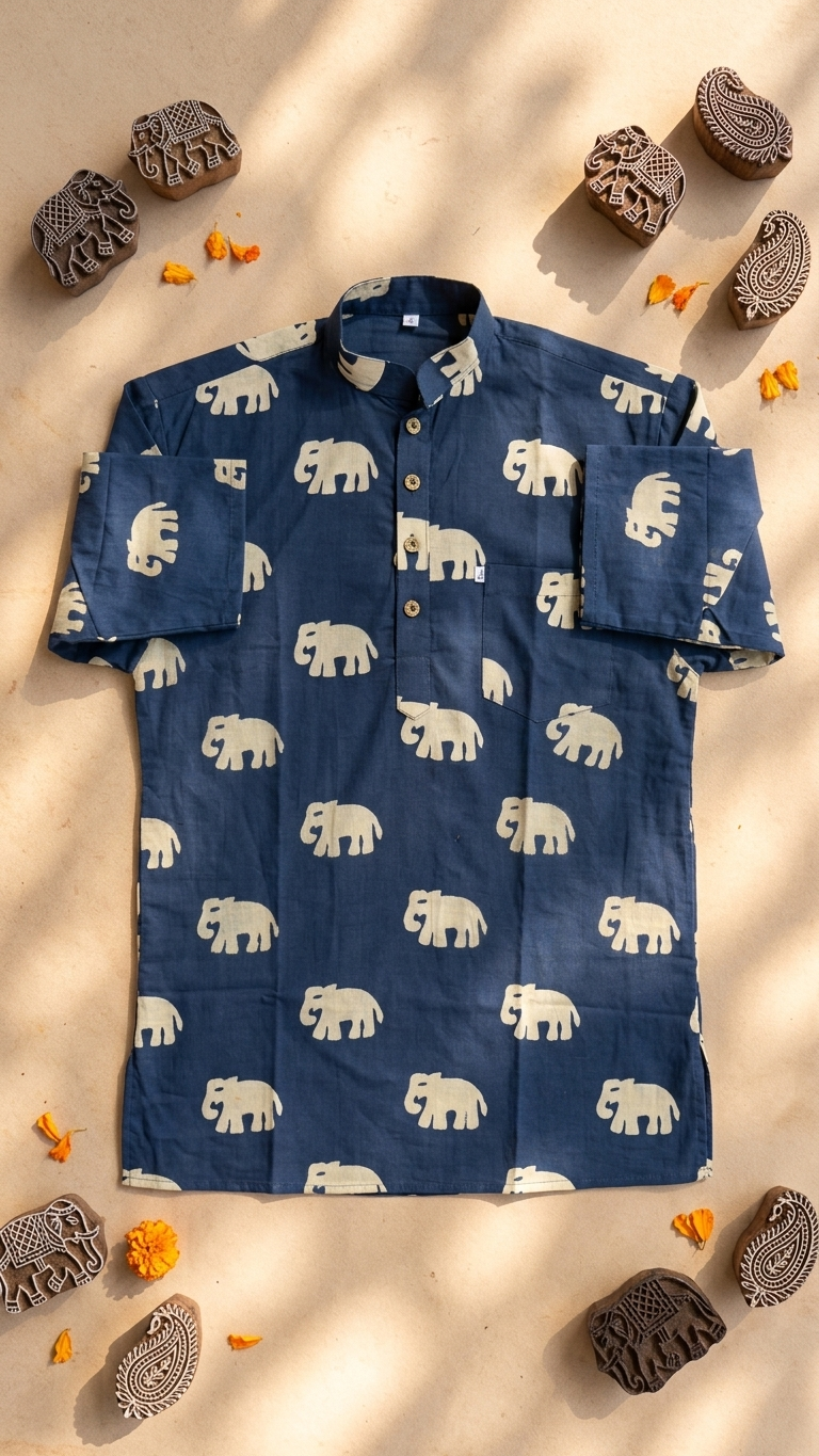 Navy BLue Big elephant Printed Full Sleeves Short Kurta for Men