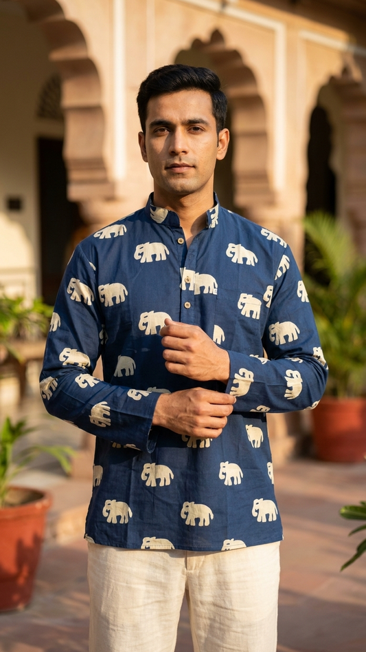 Navy BLue Big elephant Printed Full Sleeves Short Kurta for Men