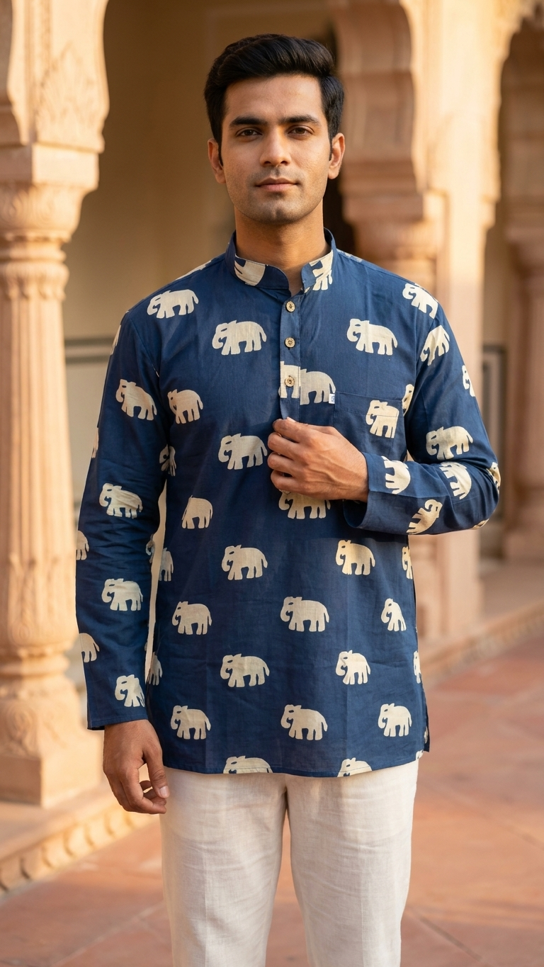 Navy BLue Big elephant Printed Full Sleeves Short Kurta for Men