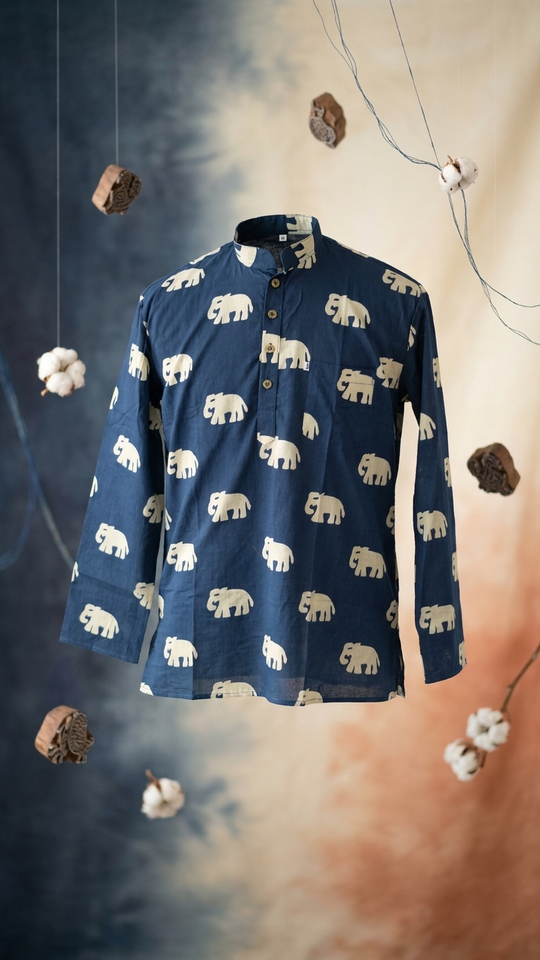 Navy BLue Big elephant Printed Full Sleeves Short Kurta for Men