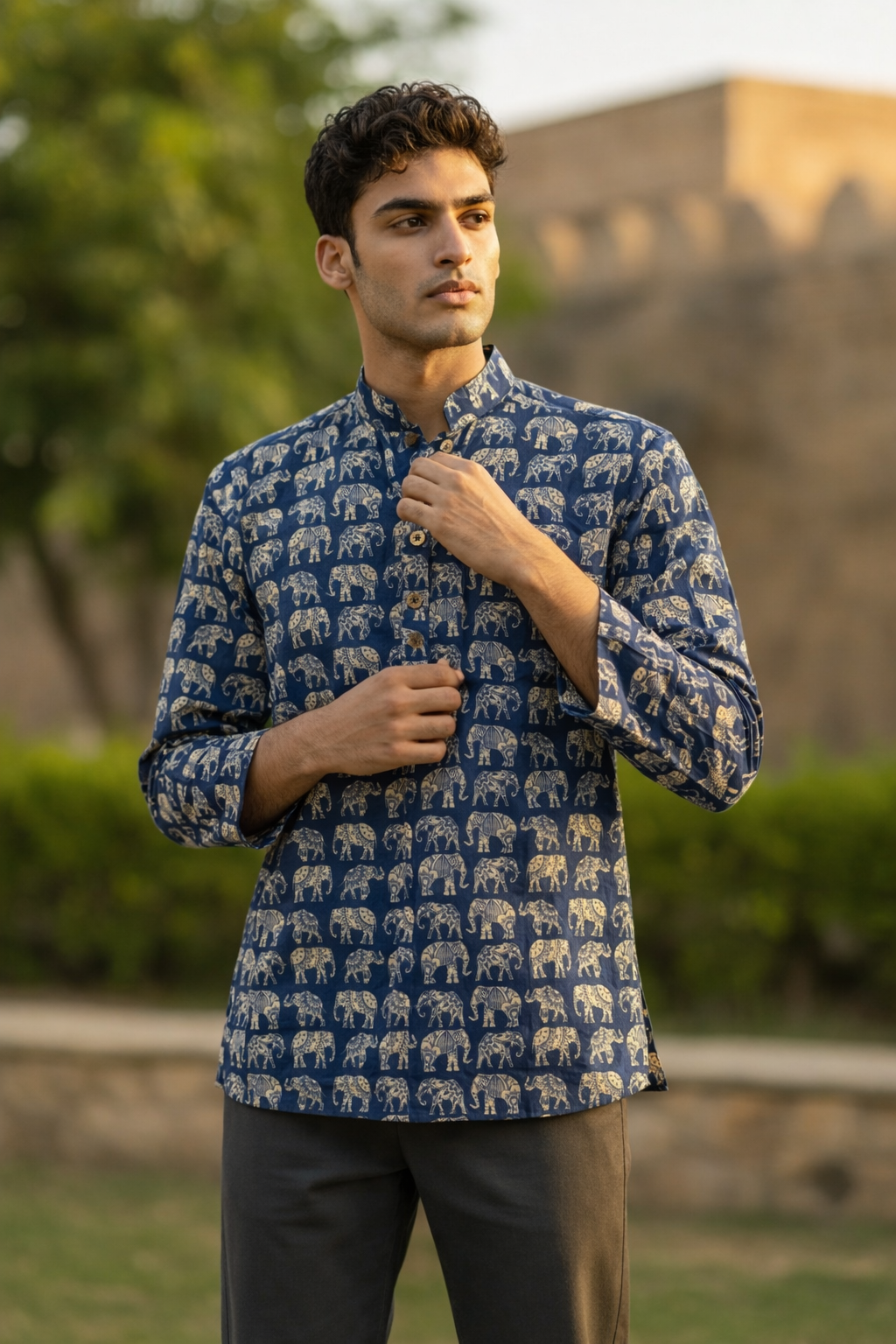 Navy Blue Elephant Printed Full Sleeves Short Kurta for Men