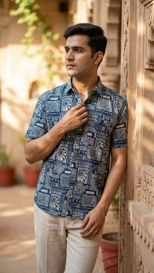 Plus Size Navy Maze Printed Mens Half Sleeves Shirt