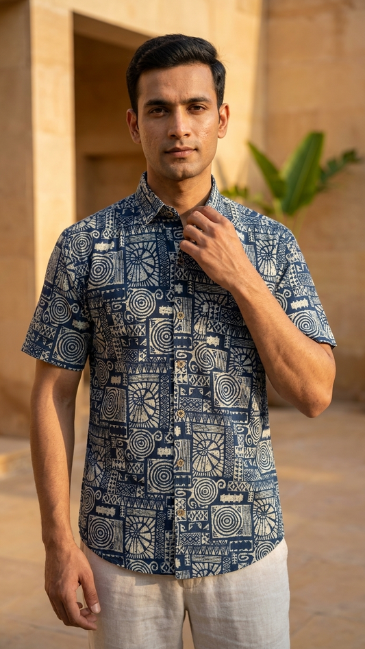 Navy Maze Printed Mens Half Sleeves Cotton Shirt