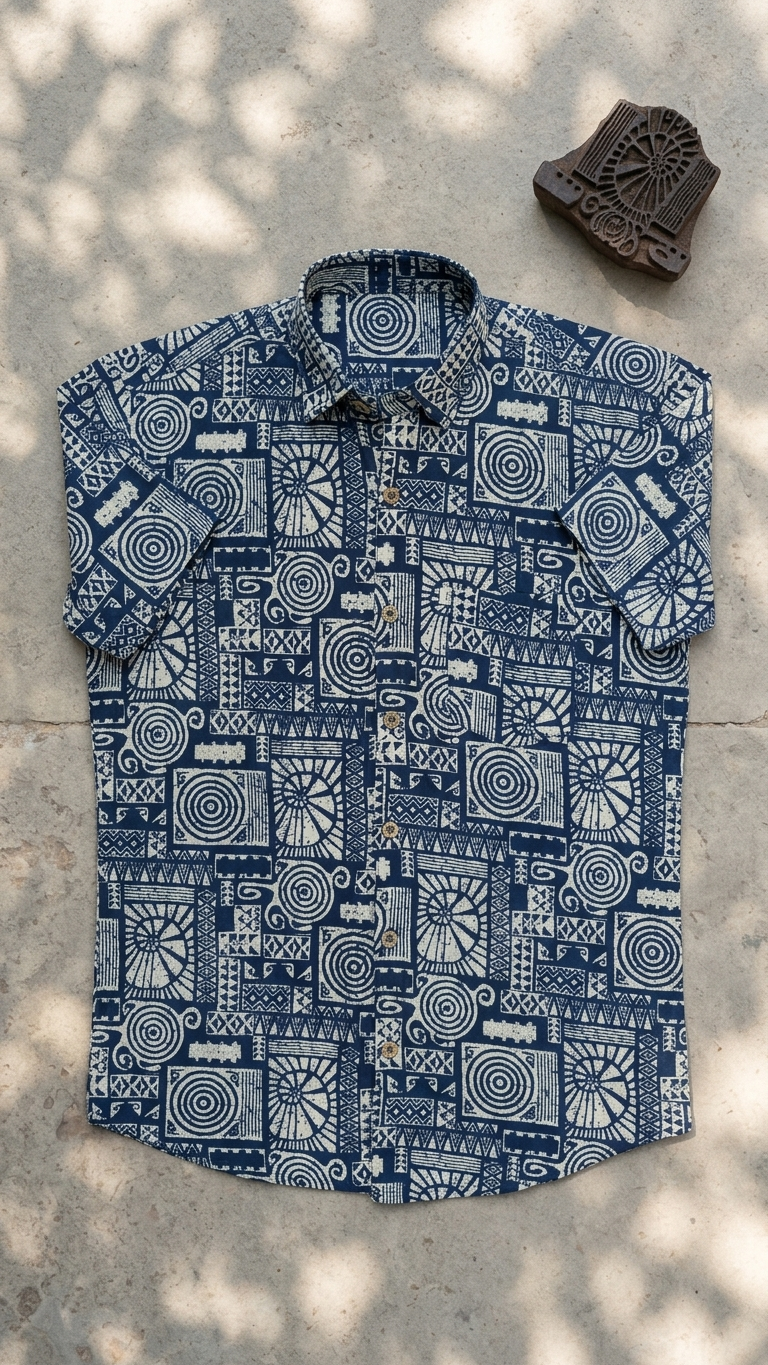 Plus Size Navy Maze Printed Mens Half Sleeves Shirt