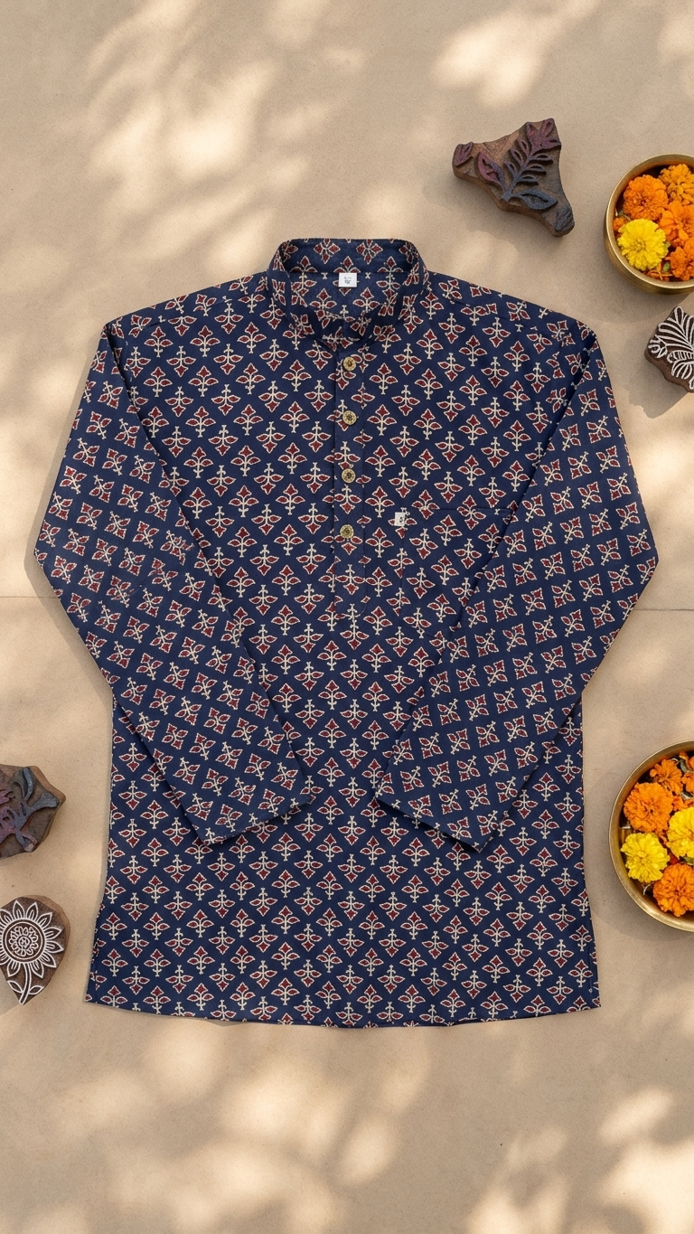 New Navy Red Booti Printed Full Sleeves Short Kurta for Men