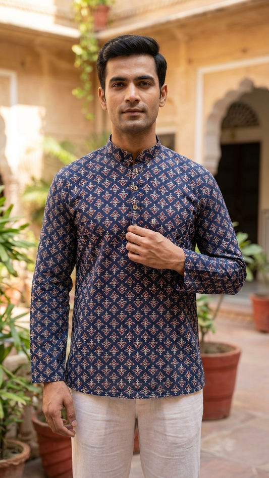 New Navy Red Booti Printed Full Sleeves Short Kurta for Men