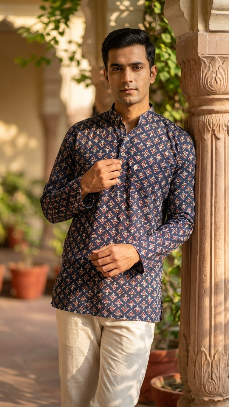 New Navy Red Booti Printed Full Sleeves Short Kurta for Men