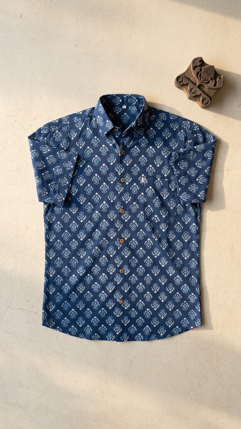Indigo Dabu Floral Booti Printed Men's Plus Size Half Sleeves Cotton Shirt