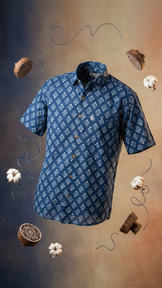 Indigo Dabu Floral Booti Printed Men's Plus Size Half Sleeves Cotton Shirt