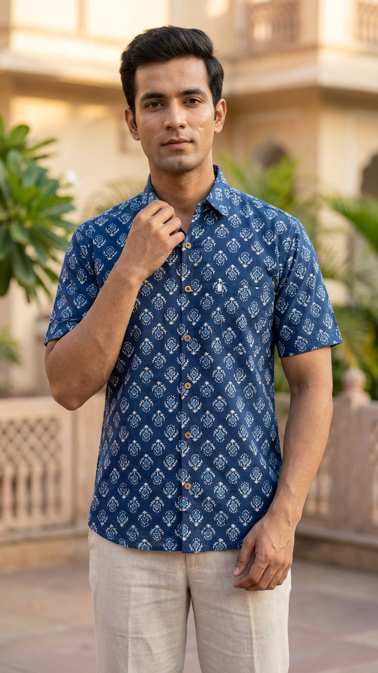 Indigo Dabu Floral Booti Printed Men's Plus Size Half Sleeves Cotton Shirt