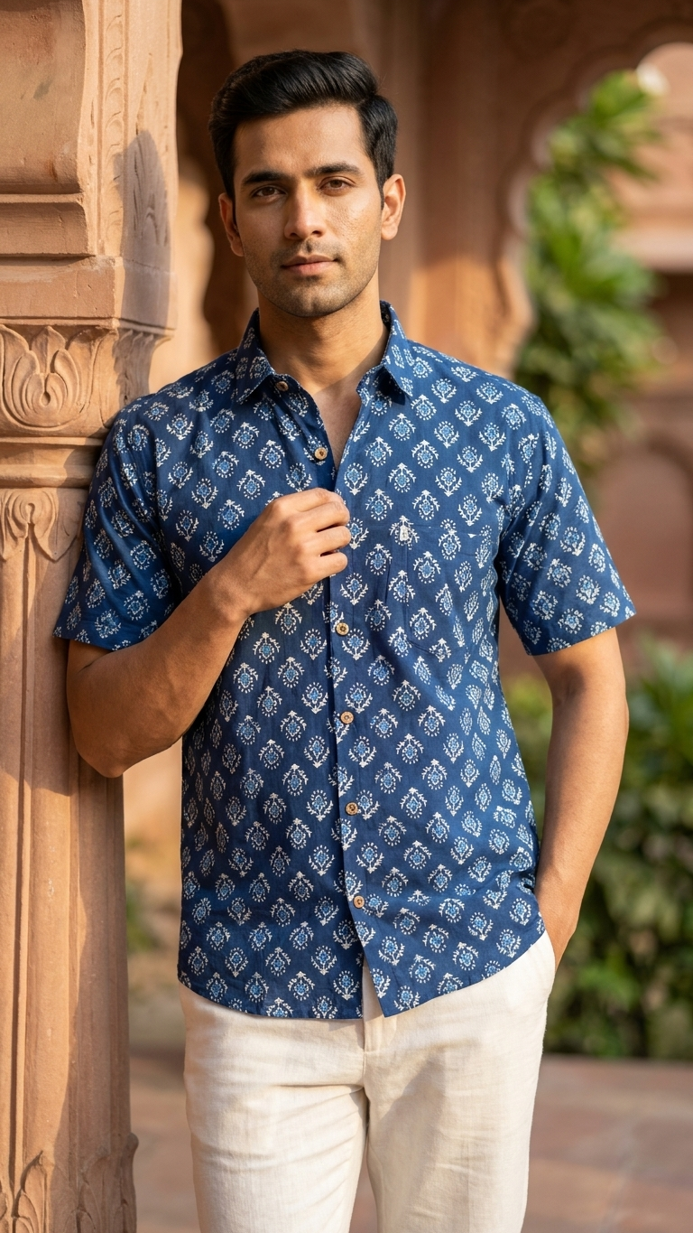 Indigo Dabu Floral Booti Printed Men's Plus Size Half Sleeves Cotton Shirt