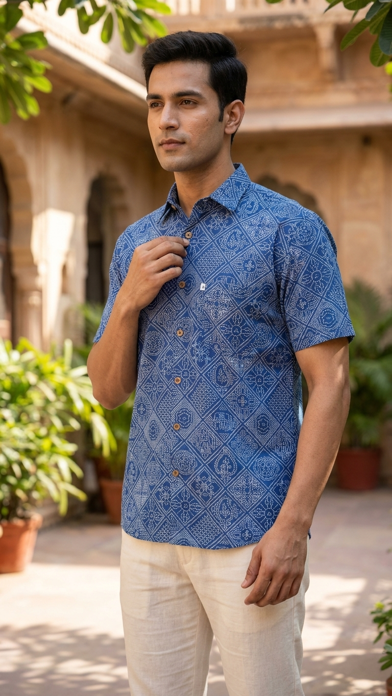 Blue Figure Bandhej Printed Half Sleeves Cotton Shirt for Men