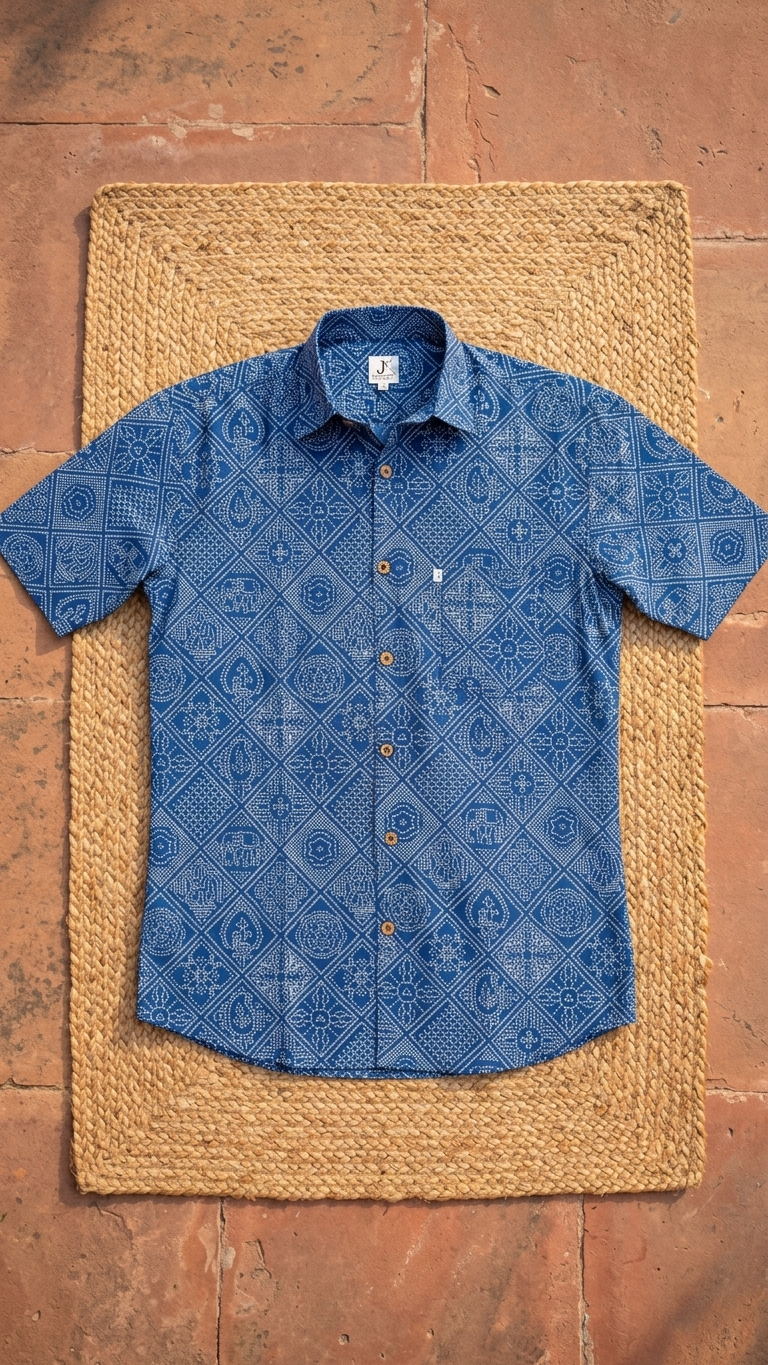 Blue Figure Bandhej Printed Half Sleeves Cotton Shirt for Men