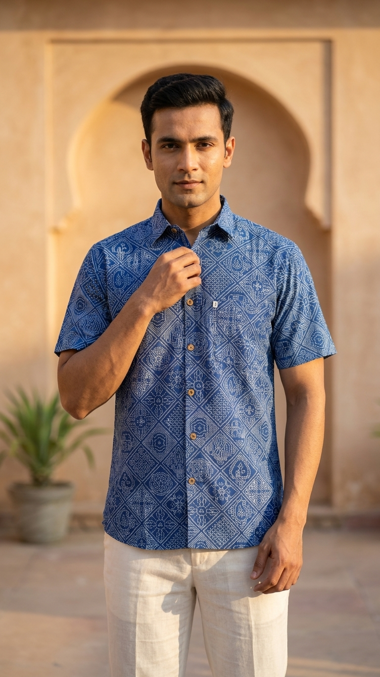 Blue Figure Bandhej Printed Half Sleeves Cotton Shirt for Men