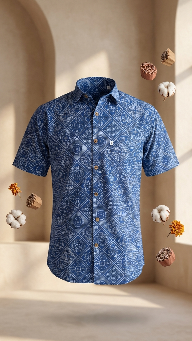 Blue Figure Bandhej Printed Half Sleeves Cotton Shirt for Men