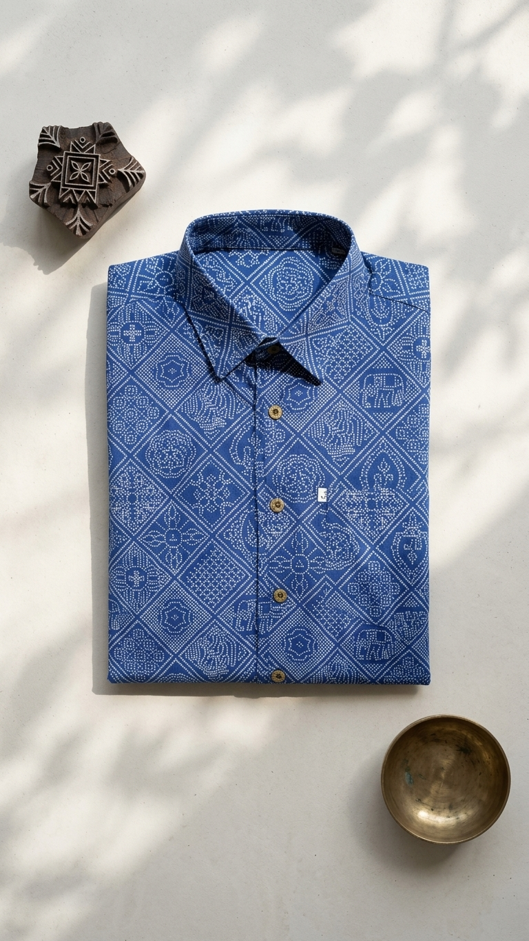 Full Sleeves Blue Figure Bandhej PrintedCotton Shirt for Men