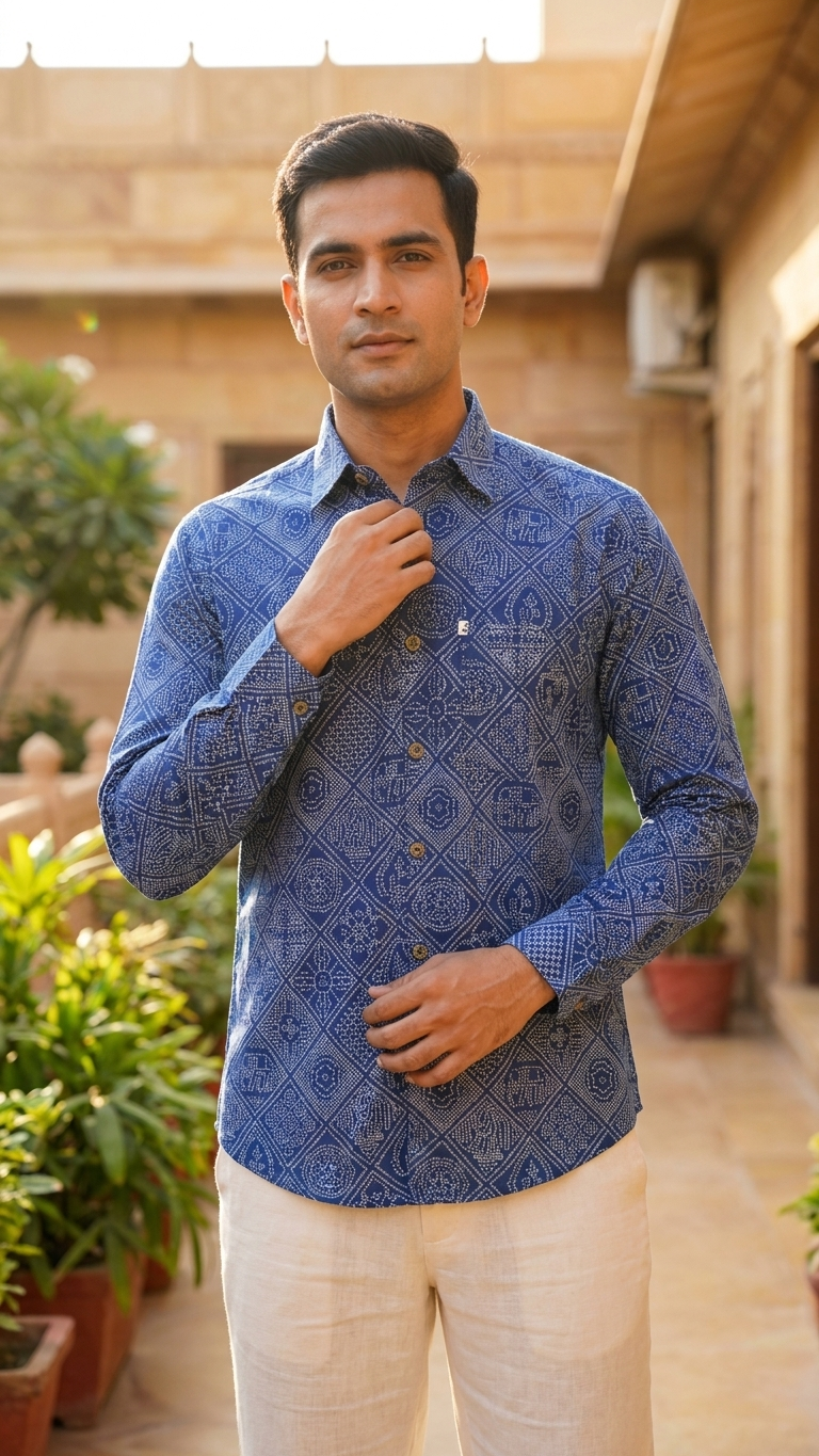 Full Sleeves Blue Figure Bandhej PrintedCotton Shirt for Men
