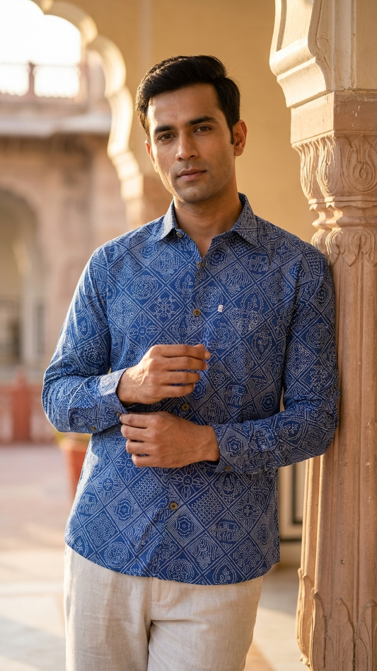 Full Sleeves Blue Figure Bandhej PrintedCotton Shirt for Men