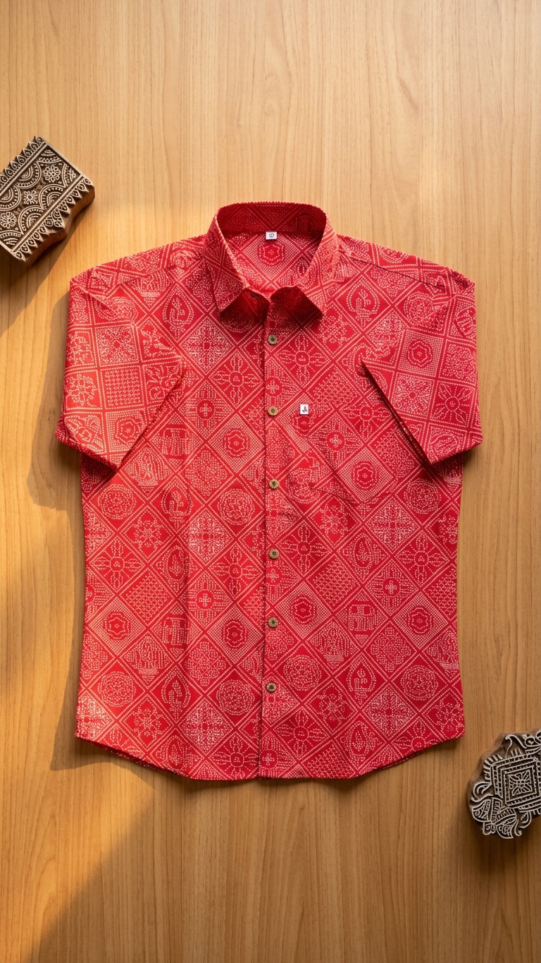 Red Figure Bandhej Printed Half Sleeves Cotton Shirt for Men
