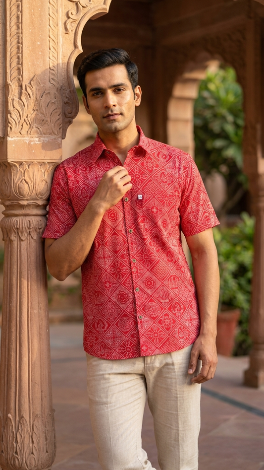 Red Figure Bandhej Printed Half Sleeves Cotton Shirt for Men