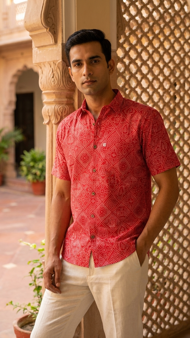 Red Figure Bandhej Printed Half Sleeves Cotton Shirt for Men