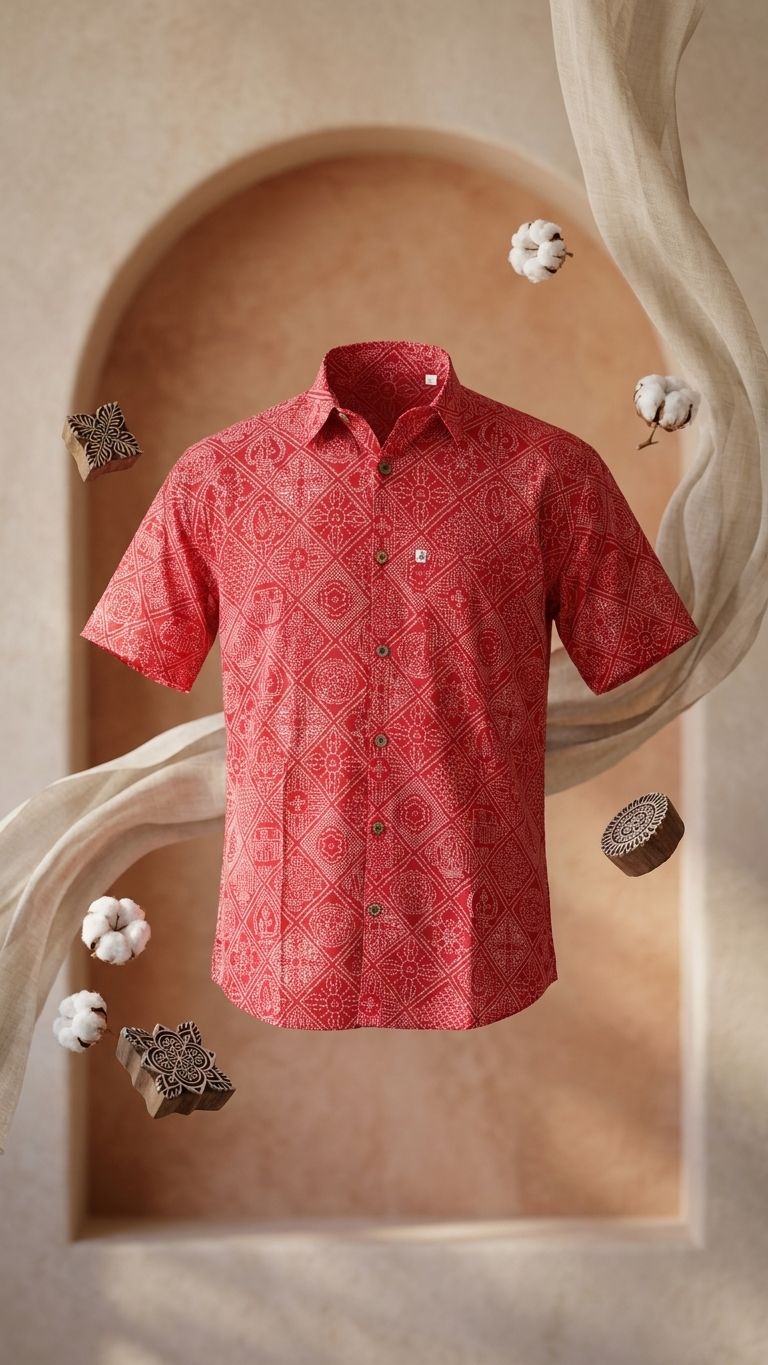 Red Figure Bandhej Printed Half Sleeves Cotton Shirt for Men