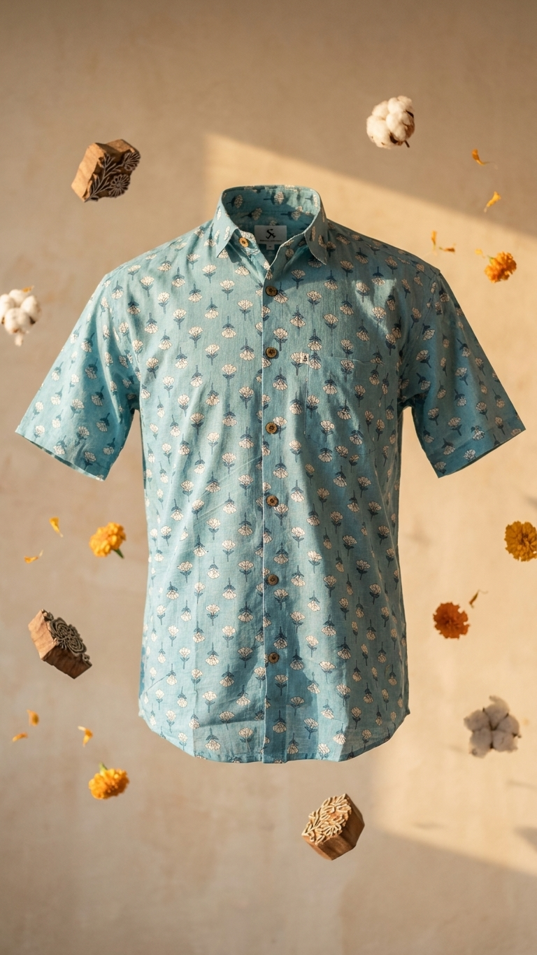 Sky Blue Mini Booti Printed Men's Half Sleeves Cotton Shirt