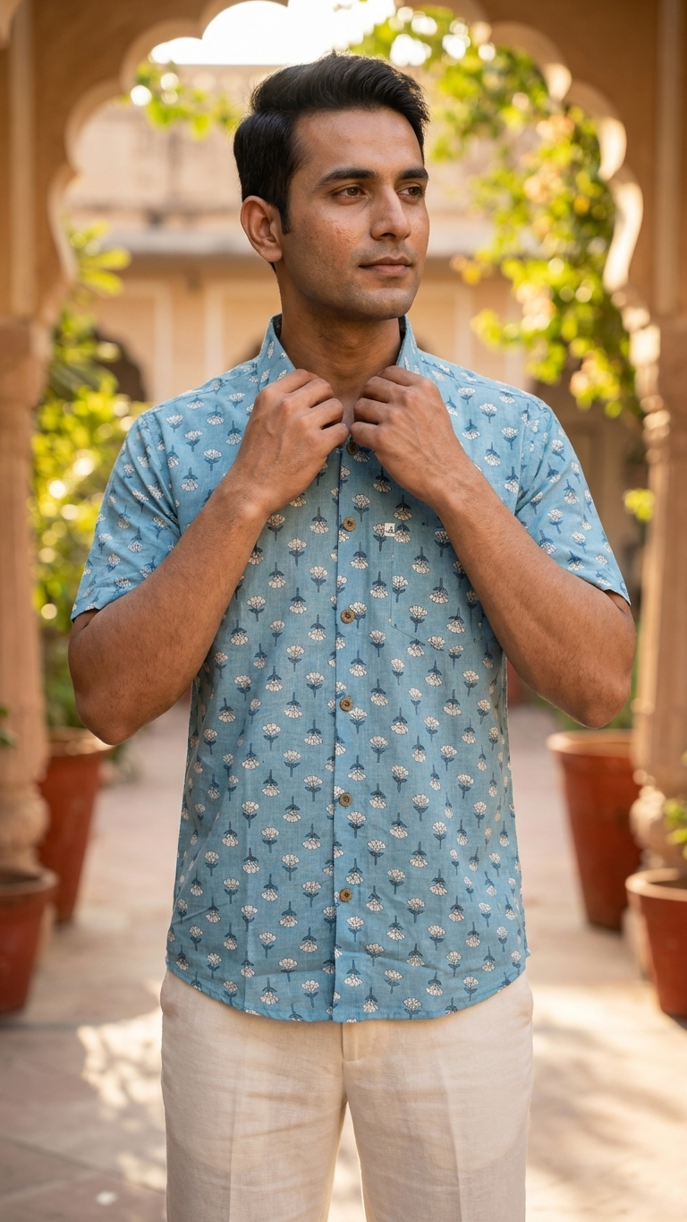 Sky Blue Mini Booti Printed Men's Half Sleeves Cotton Shirt