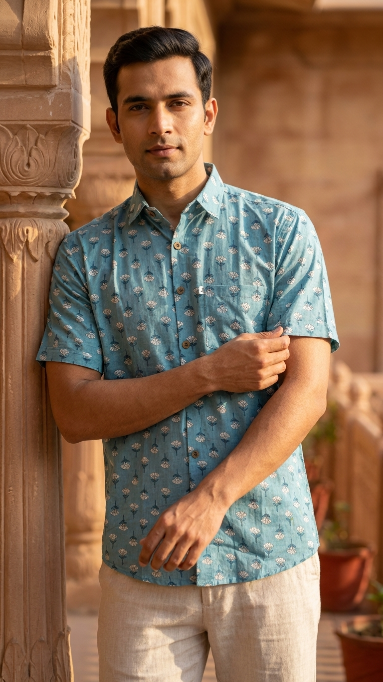 Sky Blue Mini Booti Printed Men's Half Sleeves Cotton Shirt