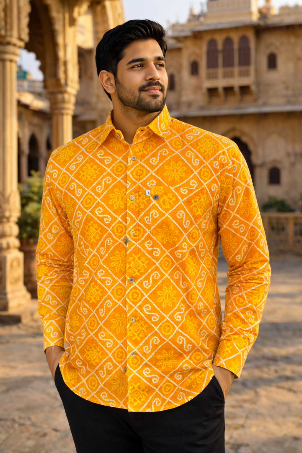 New Yellow Bandhani Printed Full Sleeves Cotton Shirt for Men