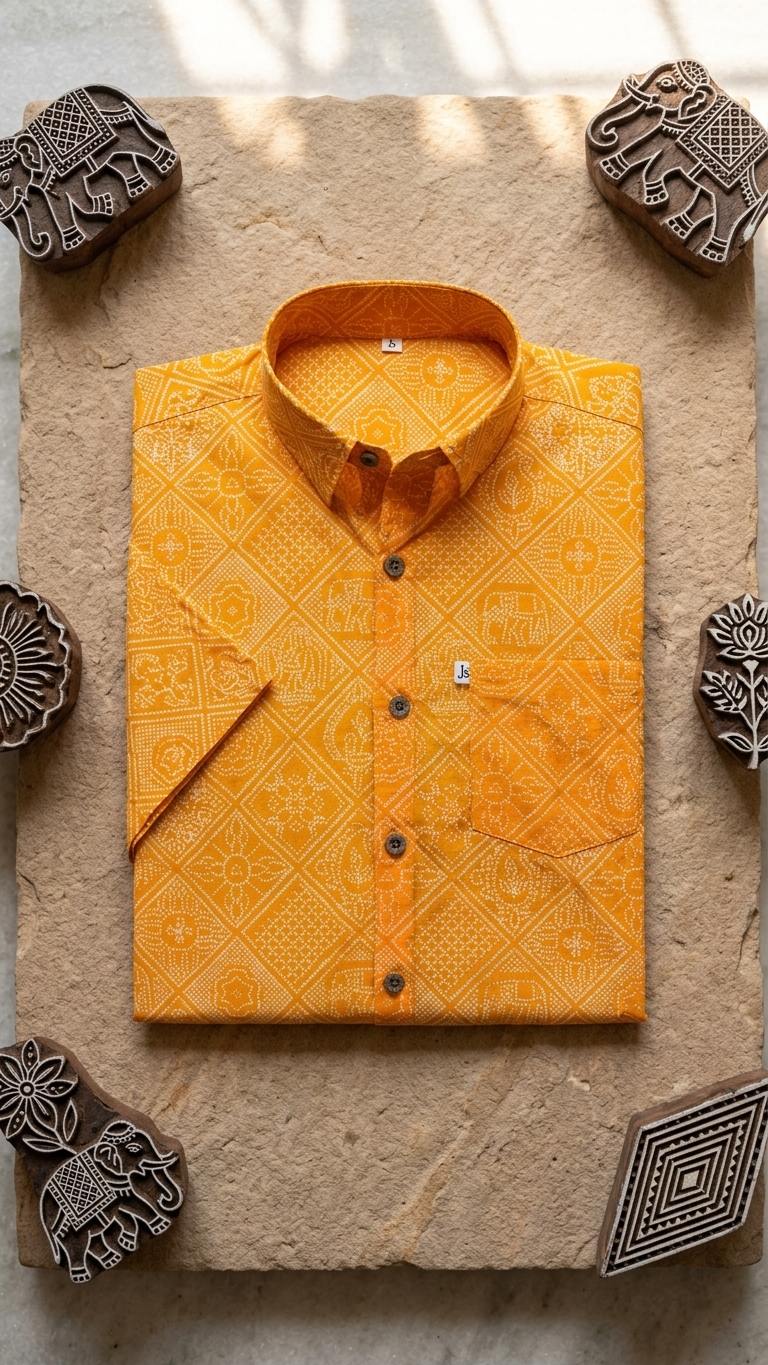 Yellow Figure Bandhej Printed Half Sleeves Cotton Shirt for Men