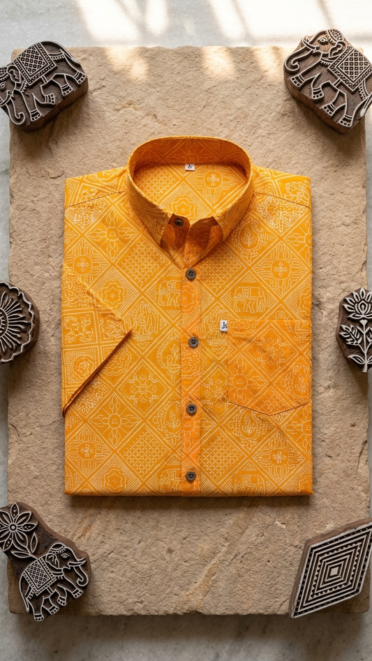 Yellow Figure Bandhej Printed Half Sleeves Cotton Shirt for Men
