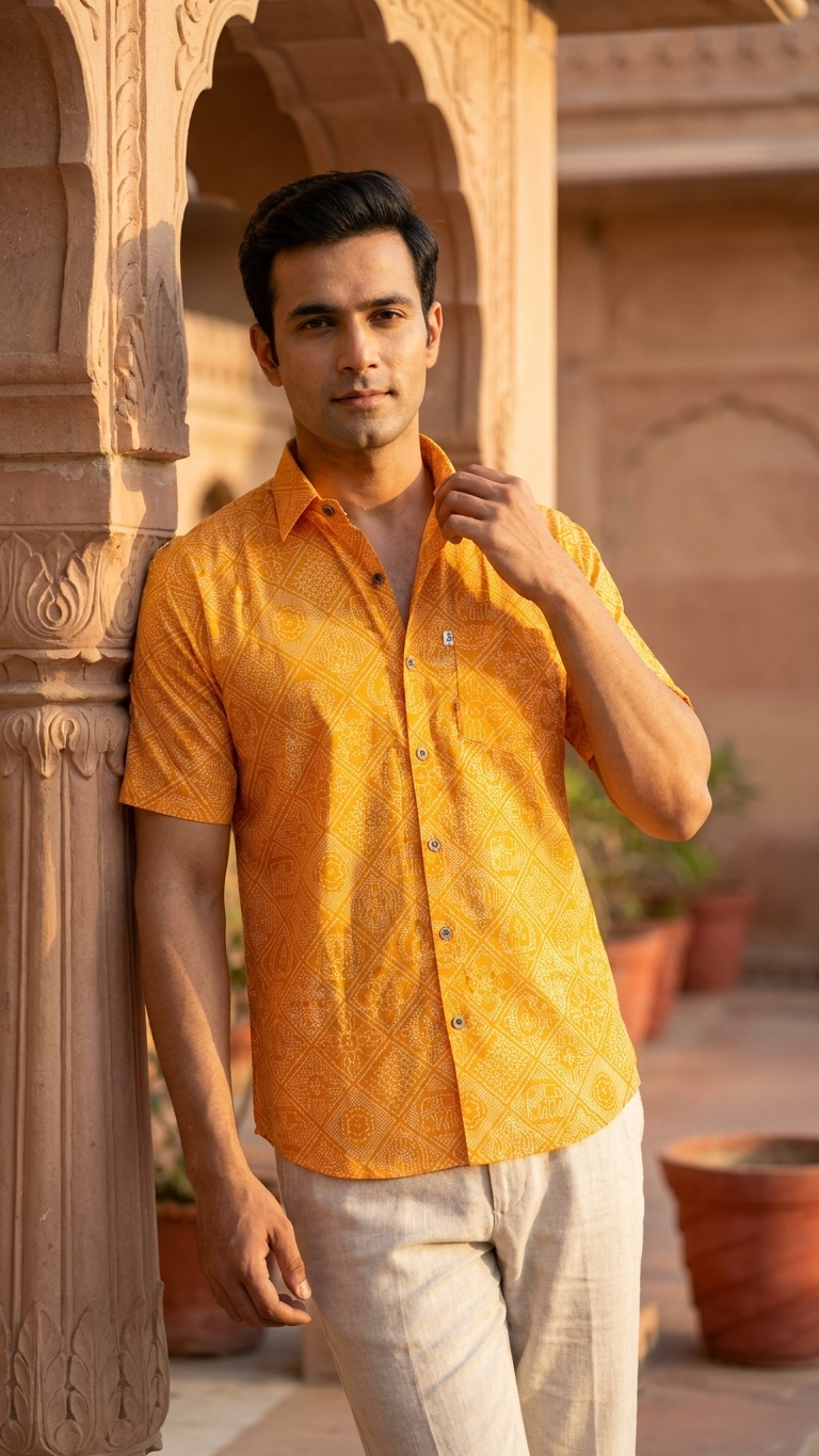Yellow Figure Bandhej Printed Half Sleeves Cotton Shirt for Men