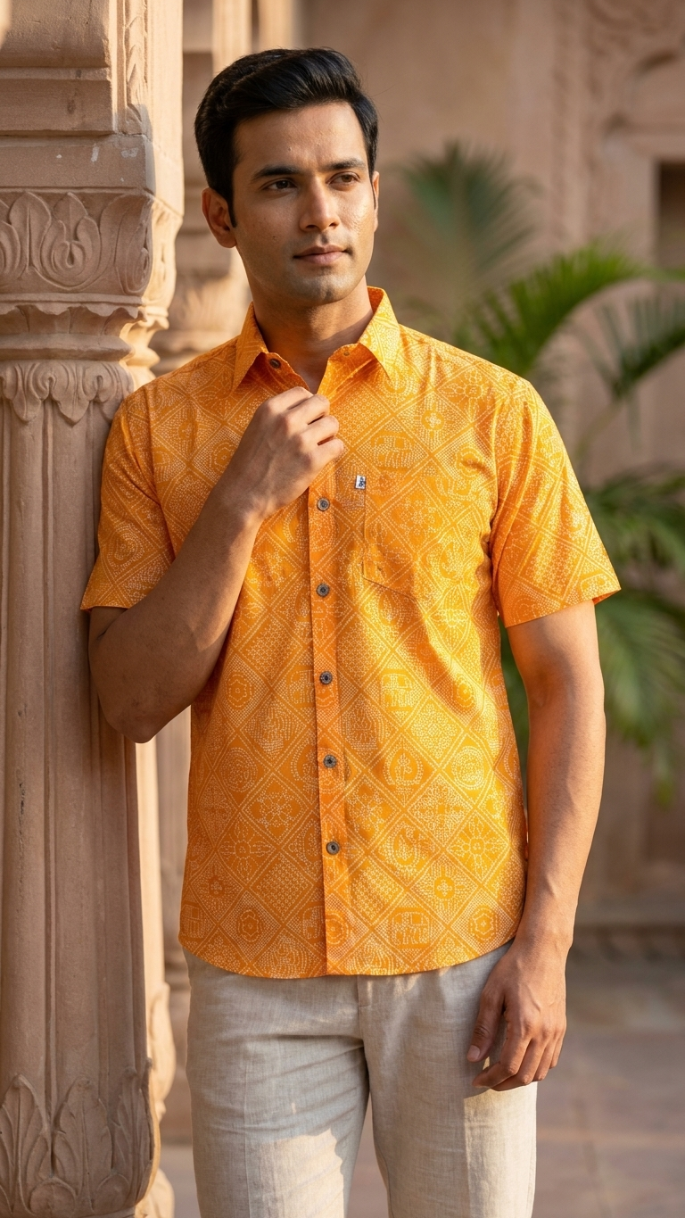 Yellow Figure Bandhej Printed Half Sleeves Cotton Shirt for Men