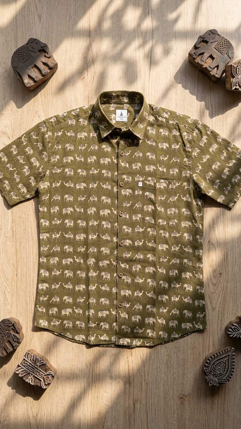 Olive Elephant Camel Printed Men's Half Sleeves Cotton Shirt