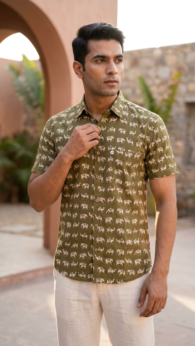 Olive Elephant Camel Printed Men's Half Sleeves Cotton Shirt