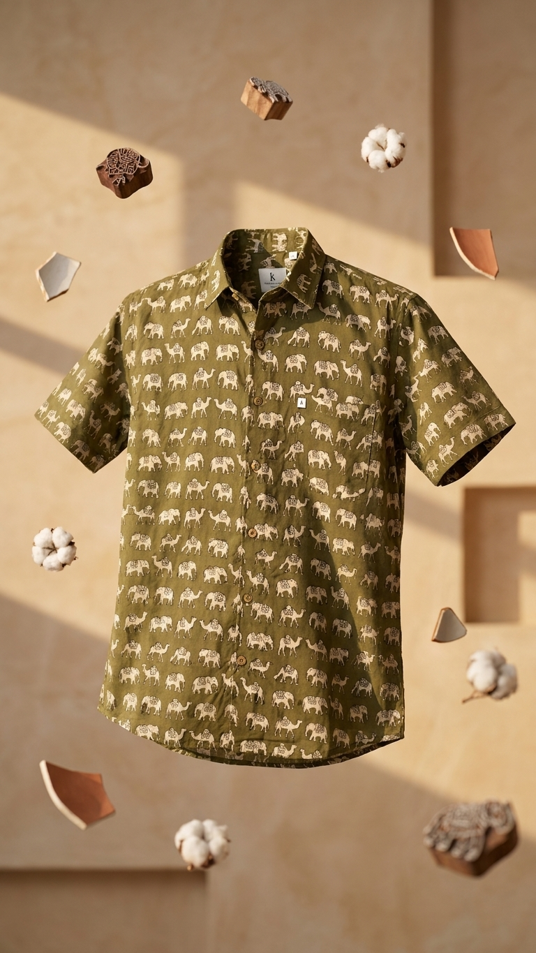 Olive Elephant Camel Printed Men's Half Sleeves Cotton Shirt