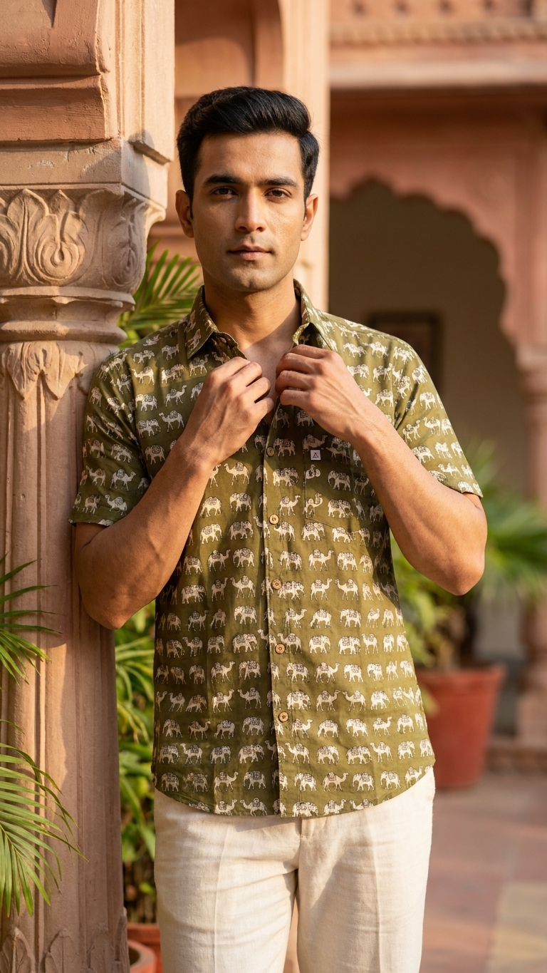Olive Elephant Camel Printed Men's Half Sleeves Cotton Shirt