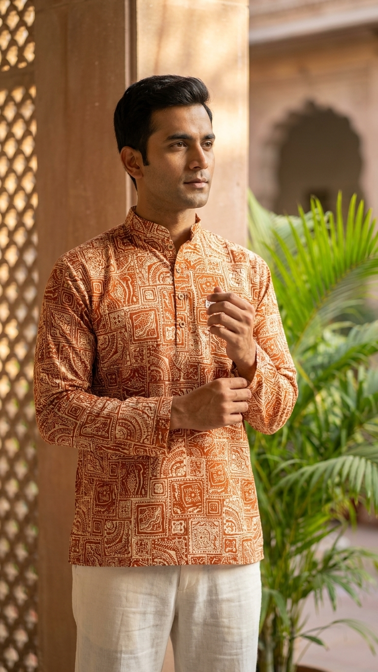 Orange Ajrak Geometric Printed Full Sleeves Short Kurta for Men