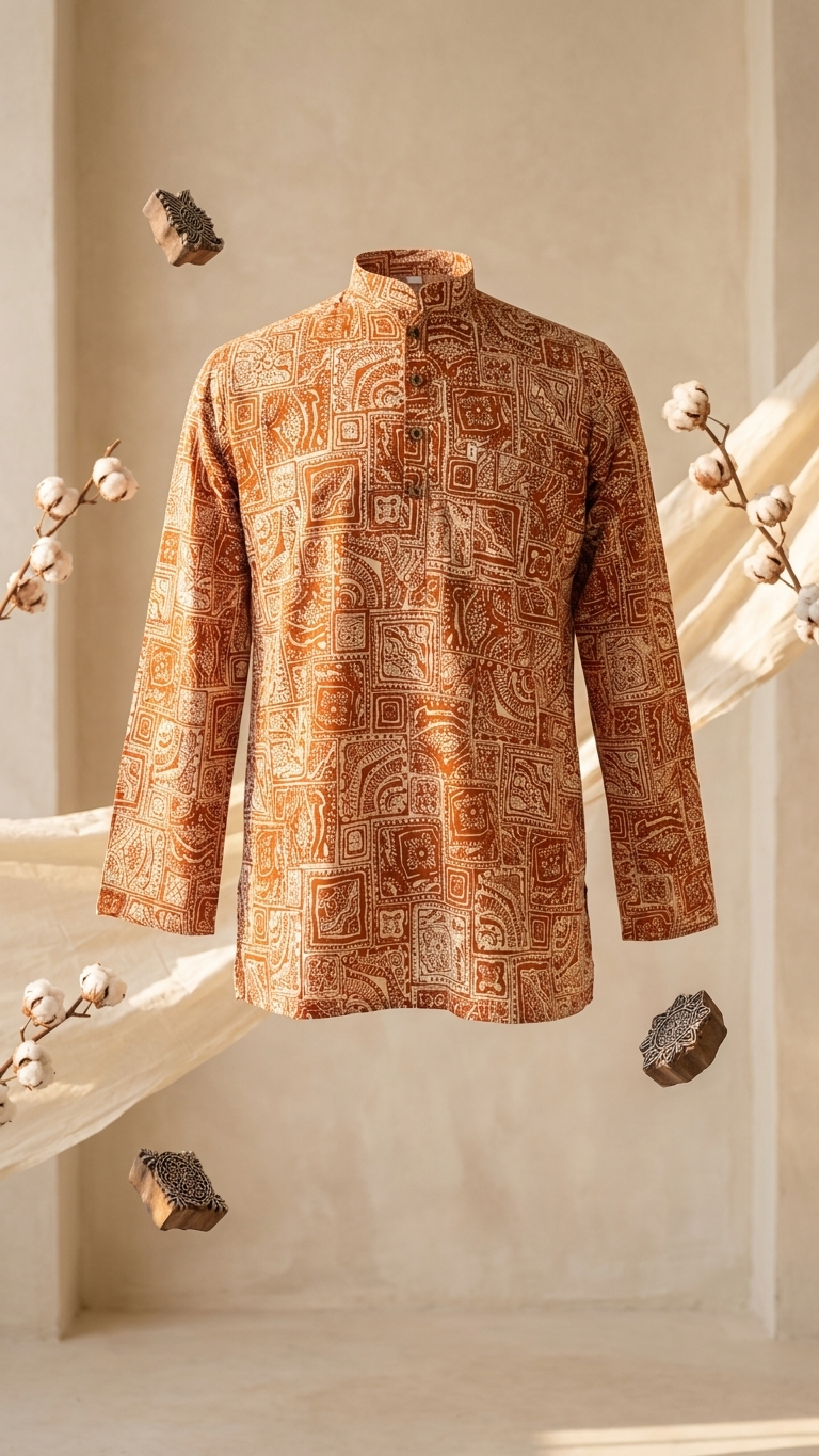 Orange Ajrak Geometric Printed Full Sleeves Short Kurta for Men