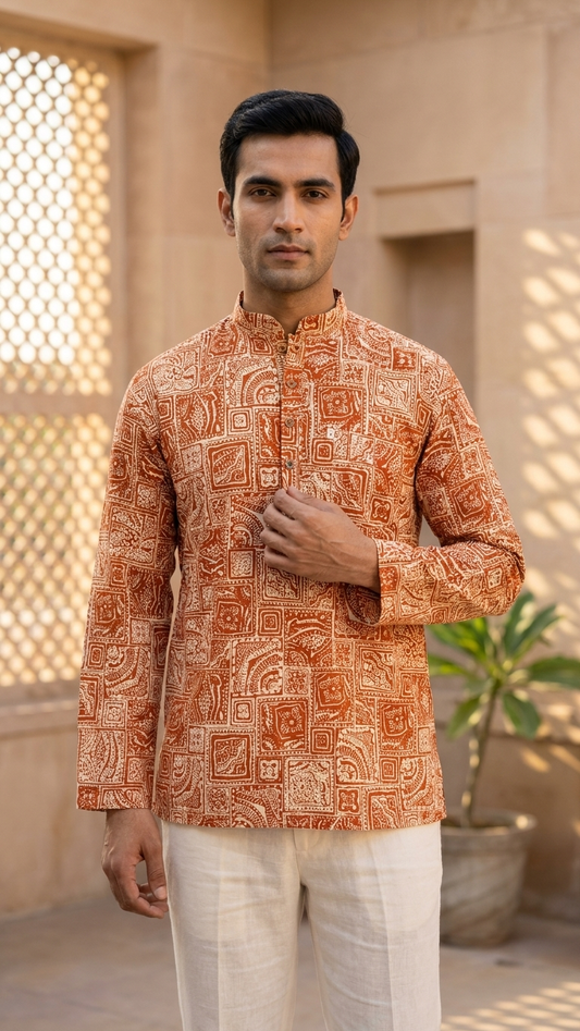 Orange Ajrak Geometric Printed Full Sleeves Short Kurta for Men