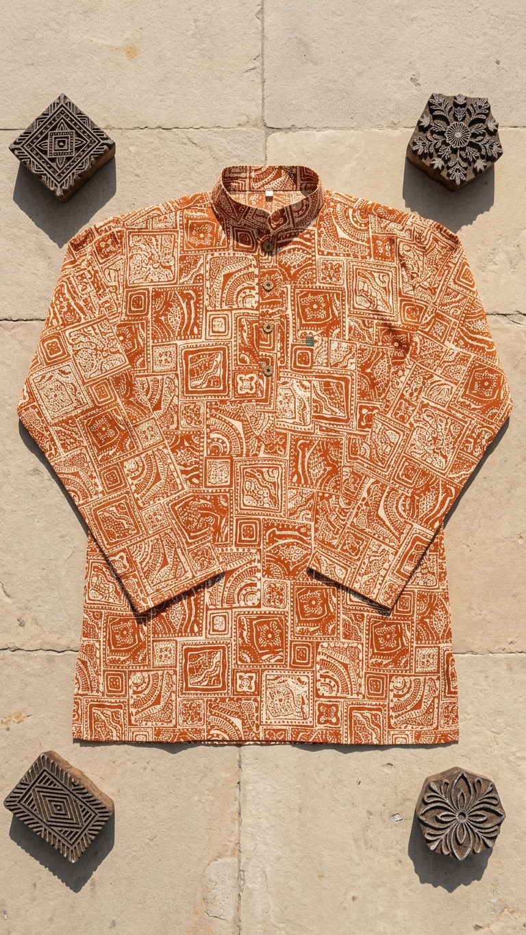 Orange Ajrak Geometric Printed Full Sleeves Short Kurta for Men