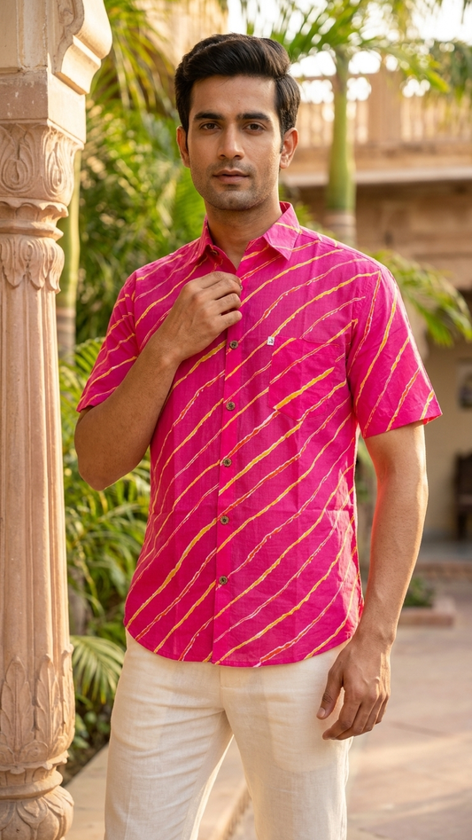 Pink Leheriya Printed Mens Half Sleeves Cotton Shirt
